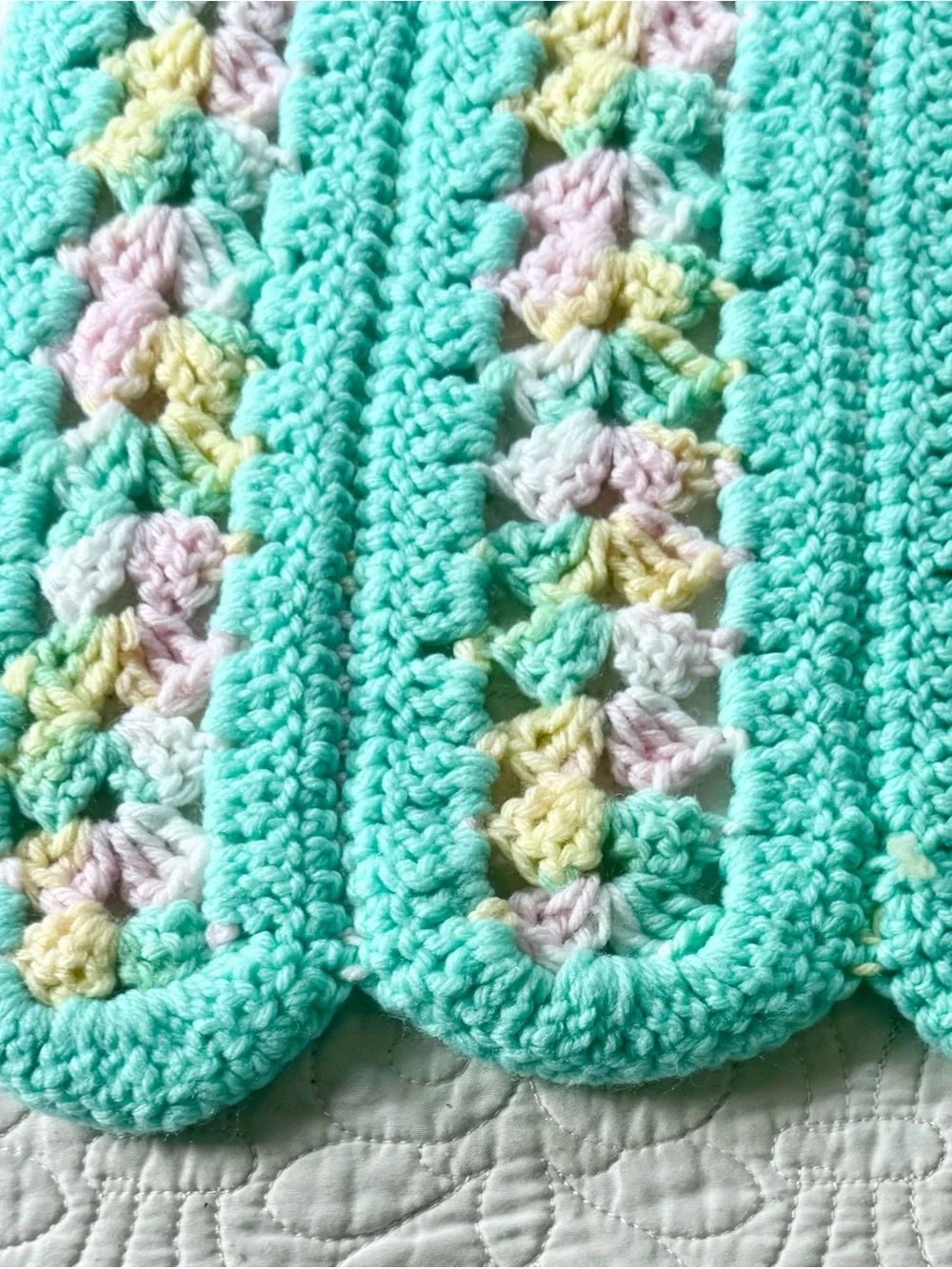Vintage handmade crocheted afghan blanket mint green pink yellow stripe